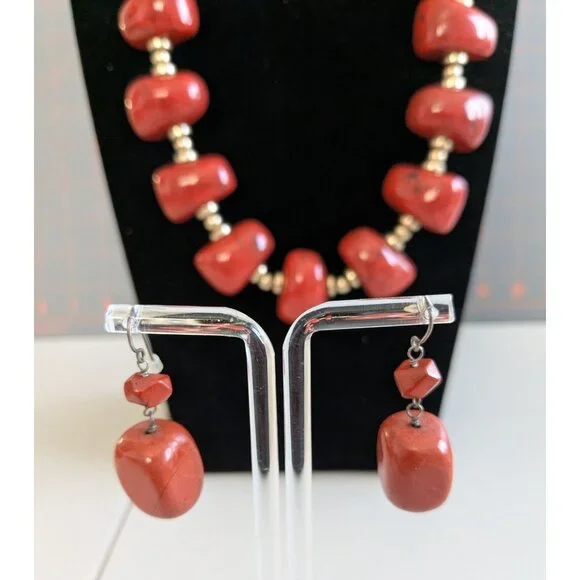 Red Beaded Necklace & Earrings Set With Gold Details By Chicos - Adjustable Chai - Picture 4 of 12